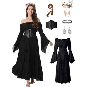 VNVNE 7 Pcs Halloween Medieval Renaissance Witch Dress for Women, Victorian Vintage Gothic Cosplay Fairy Costumes