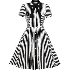 IDOPIP Women Black Striped Halloween Cosplay Costume Dress Elegant Tie Neck Midi Dress 1950s Vintage Cocktail Shirt Dress