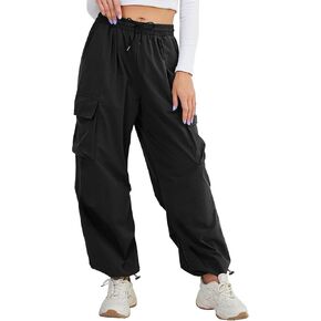 Buauty Womens Cargo Pants, Black Baggy Parachute Pants with Pockets Trendy Cargo Sweatpants Joggers for Women, Y2k Pants