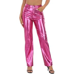 HDE Women's Shiny Metallic Faux Leather Pants High Waisted Straight Leg Trousers