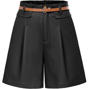 Women Leather Shorts Casual Shorts High Waist Leather Shorts with Pockets & Belts