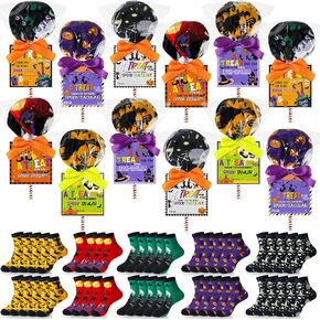 Blosssound 24 Sets Halloween Socks Gifts Crafts DIY Lollipop Socks Funny Spooky Ghost Pumpkin Bat Witch Socks with Cards Tags Stickers Plastic Bags for Women Girls Trick or Treat Party Favors
