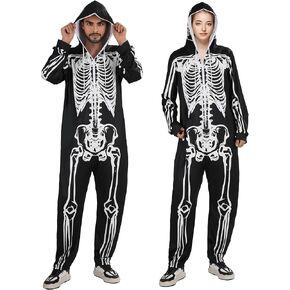 Skeleton Costume Onesie Adult,Skeleton Jumpsuit for Adult,Unisex Skeleton Costume Pajamas for Halloween Cosplay