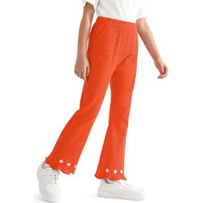 Girl's Fall Knitted Ribbed Bell Bottoms Pants Ruffle Flare Pants Floral Embroidery Trousers for Children's