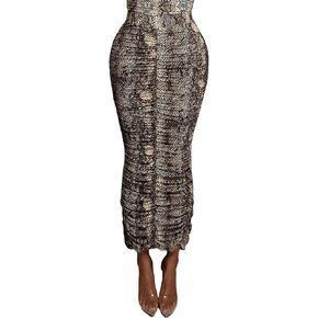 Women's Leopard Skirt Midi Long High Waist Silk Satin Elastic Cheetah Skirt Office Pencil Skirt