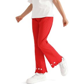 Girl's Fall Knitted Ribbed Bell Bottoms Pants Ruffle Flare Pants Floral Embroidery Trousers for Children's