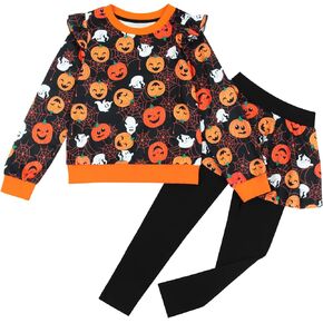 Girl Halloween 2 Pieces Outfit Pumpkin Printed Sweatshirt Ghost Graphic Pullover Top Long Sleeve Winter Clothes