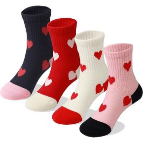 COTTON DAY Kids Girls Pink White Crew Athletic Socks with Retro Stripes Hearts