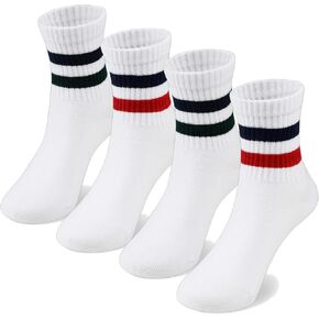 COTTON DAY Kids Girls Pink White Crew Athletic Socks with Retro Stripes Hearts