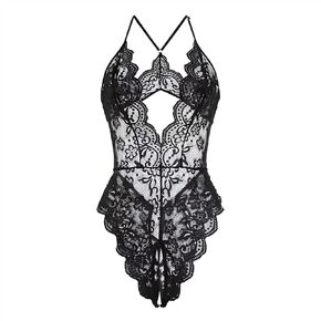 Women's One Piece Lingerie Bodysuit Deep V Teddy Mini Babydoll Black