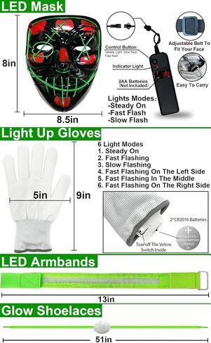 4 مجموعة من قناع الهالوين LED المضيء قفازات أربطة الحذاء وشارات الإضاءة قناع مخيف للهالوين زي الحفلات التنكرية للأطفال البالغين in Saudi Arabia