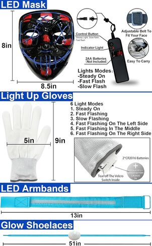 4 مجموعة من قناع الهالوين LED المضيء قفازات أربطة الحذاء وشارات الإضاءة قناع مخيف للهالوين زي الحفلات التنكرية للأطفال البالغين in Saudi Arabia