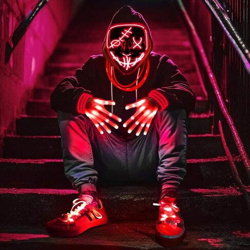 4 Set Halloween LED Mask Light Up Gloves Glow Shoelaces 20 Glow Sticks 20 Connector Scary Halloween Costume Party Adult Kid in Saudi Arabia