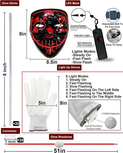 4 Set Halloween LED Mask Light Up Gloves Glow Shoelaces 20 Glow Sticks 20 Connector Scary Halloween Costume Party Adult Kid in Saudi Arabia