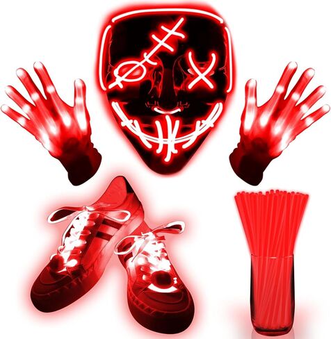 4 Set Halloween LED Mask Light Up Gloves Glow Shoelaces 20 Glow Sticks 20 Connector Scary Halloween Costume Party Adult Kid in Saudi Arabia