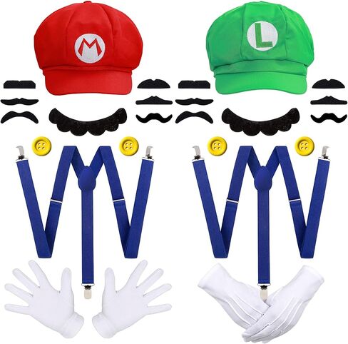 Humairc Super Bros Hats Accessories Set Mary Luigy Caps, Mustaches, Suspenders, Gloves Buttons Halloween Cosplay Costume in Saudi Arabia
