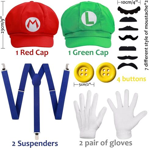 Humairc Super Bros Hats Accessories Set Mary Luigy Caps, Mustaches, Suspenders, Gloves Buttons Halloween Cosplay Costume in Saudi Arabia