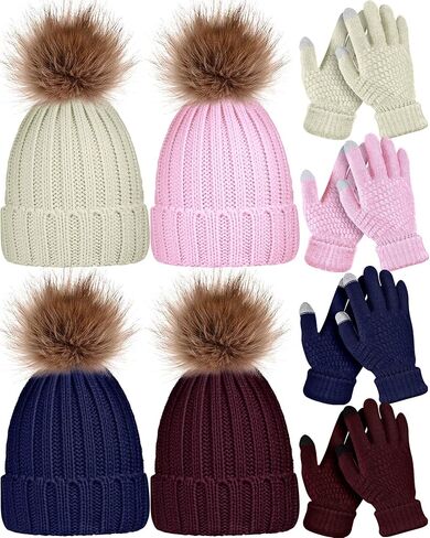 8 Pcs Womens Winter Knitted Beanie Hat Glove Set Warm Knit Skull Cap Beanie Soft Ski Cuff Cap Knit Touchscreen Gloves Thermal Texting Gloves with Faux Fur Pom in Kuwait