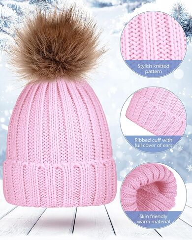 8 Pcs Womens Winter Knitted Beanie Hat Glove Set Warm Knit Skull Cap Beanie Soft Ski Cuff Cap Knit Touchscreen Gloves Thermal Texting Gloves with Faux Fur Pom in Kuwait