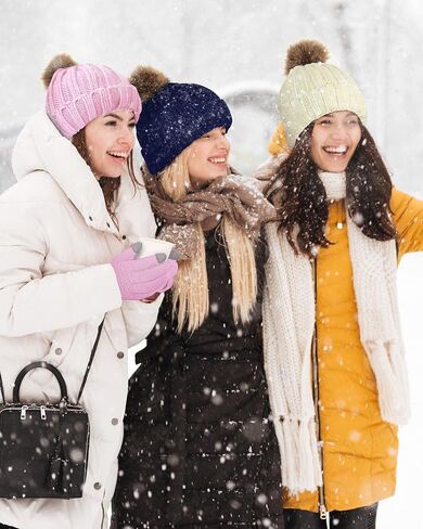 8 Pcs Womens Winter Knitted Beanie Hat Glove Set Warm Knit Skull Cap Beanie Soft Ski Cuff Cap Knit Touchscreen Gloves Thermal Texting Gloves with Faux Fur Pom in Kuwait