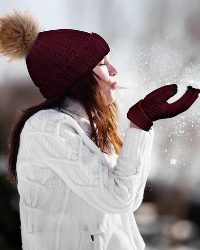 8 Pcs Womens Winter Knitted Beanie Hat Glove Set Warm Knit Skull Cap Beanie Soft Ski Cuff Cap Knit Touchscreen Gloves Thermal Texting Gloves with Faux Fur Pom in Kuwait