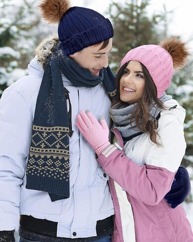 8 Pcs Womens Winter Knitted Beanie Hat Glove Set Warm Knit Skull Cap Beanie Soft Ski Cuff Cap Knit Touchscreen Gloves Thermal Texting Gloves with Faux Fur Pom in Kuwait