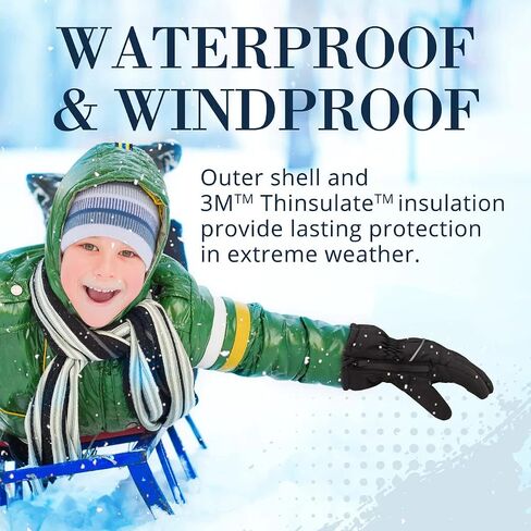 Andy & Evan Kids' Waterproof Snow Gloves Winter Gloves Side Zippers Touchscreen Ski Snowboard Sledding w/Warm Fleece Palms in Kuwait