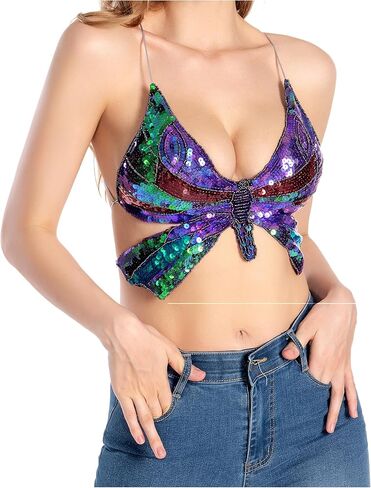 Butterfly Tops for Women Rave Tops, Sequin Halter Top, Sparkly Butterfly Crop Top, Dance Outfit, Halloween Costume in Kuwait
