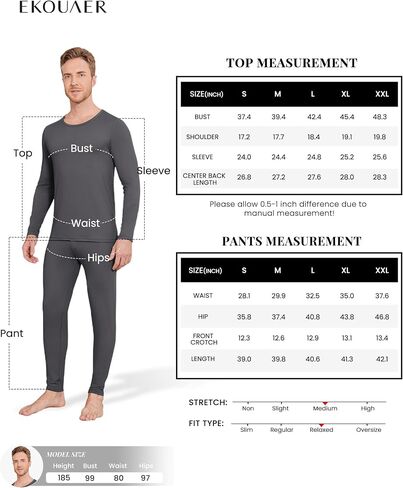 Ekouaer Men Thermal Underwear Set Fleece Lined Long Johns Set 2 Pcs Warm Base Layer Top & Bottom for Cold Weather in Saudi Arabia