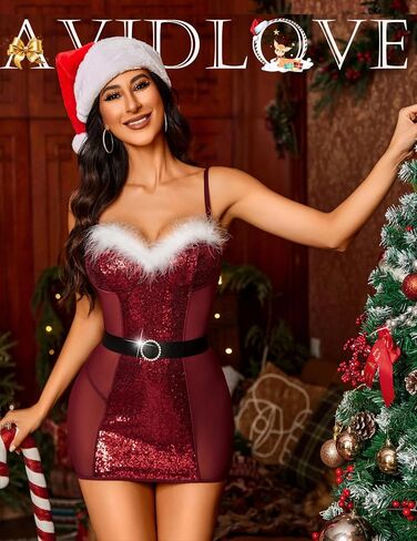 Avidlove Christmas Lingerie for Women Sequin Babydoll Chemise with Belt Sexy Santa Outfit in Saudi Arabia
