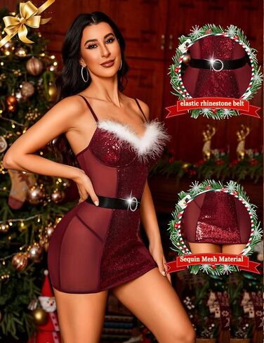 Avidlove Christmas Lingerie for Women Sequin Babydoll Chemise with Belt Sexy Santa Outfit in Saudi Arabia