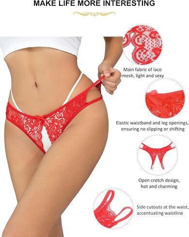 Lace Crotchless Panties Womens Floral Sexy Thong with Cute Bow Underwear for Women Plus Size S-2XL in Kuwait