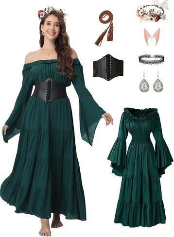 VNVNE 7 Pcs Halloween Medieval Renaissance Witch Dress for Women, Victorian Vintage Gothic Cosplay Fairy Costumes in Kuwait