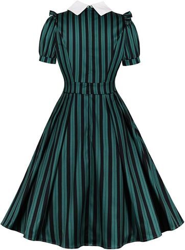 IDOPIP Women Black Striped Halloween Cosplay Costume Dress Elegant Tie Neck Midi Dress 1950s Vintage Cocktail Shirt Dress in Saudi Arabia