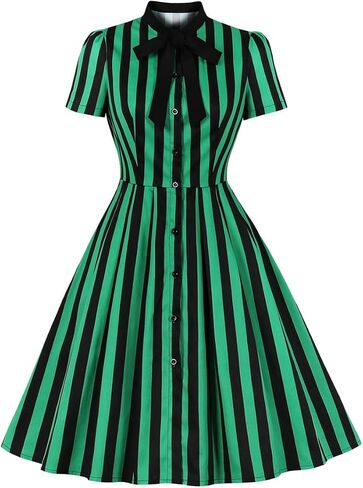 IDOPIP Women Black Striped Halloween Cosplay Costume Dress Elegant Tie Neck Midi Dress 1950s Vintage Cocktail Shirt Dress in Saudi Arabia