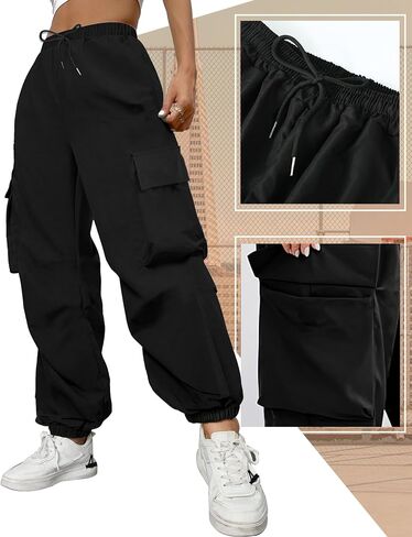 Buauty Womens Cargo Pants, Black Baggy Parachute Pants with Pockets Trendy Cargo Sweatpants Joggers for Women, Y2k Pants in Saudi Arabia