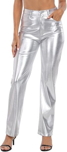 HDE Women's Shiny Metallic Faux Leather Pants High Waisted Straight Leg Trousers in Saudi Arabia