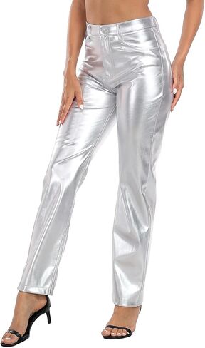 HDE Women's Shiny Metallic Faux Leather Pants High Waisted Straight Leg Trousers in Saudi Arabia