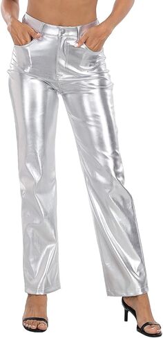 HDE Women's Shiny Metallic Faux Leather Pants High Waisted Straight Leg Trousers in Saudi Arabia