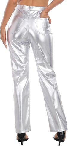 HDE Women's Shiny Metallic Faux Leather Pants High Waisted Straight Leg Trousers in Saudi Arabia