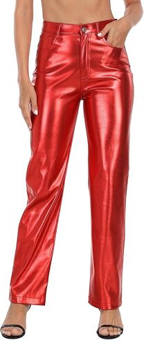 HDE Women's Shiny Metallic Faux Leather Pants High Waisted Straight Leg Trousers in Saudi Arabia