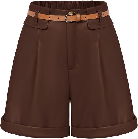 Women Leather Shorts Casual Shorts High Waist Leather Shorts with Pockets & Belts in Saudi Arabia