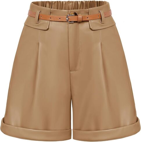 Women Leather Shorts Casual Shorts High Waist Leather Shorts with Pockets & Belts in Saudi Arabia