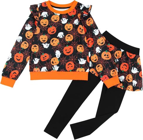 Girl Halloween 2 Pieces Outfit Pumpkin Printed Sweatshirt Ghost Graphic Pullover Top Long Sleeve Winter Clothes in Saudi Arabia