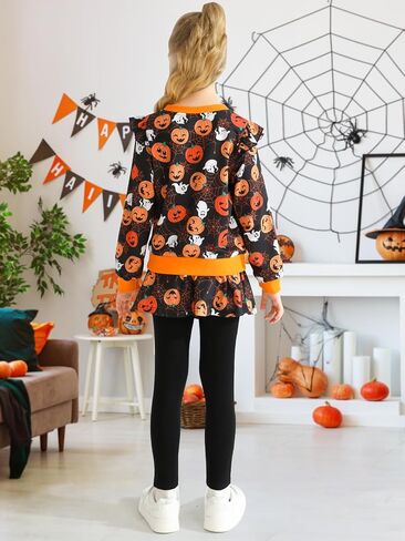 Girl Halloween 2 Pieces Outfit Pumpkin Printed Sweatshirt Ghost Graphic Pullover Top Long Sleeve Winter Clothes in Saudi Arabia