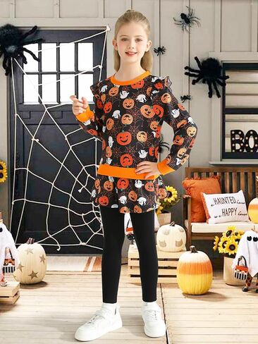 Girl Halloween 2 Pieces Outfit Pumpkin Printed Sweatshirt Ghost Graphic Pullover Top Long Sleeve Winter Clothes in Saudi Arabia