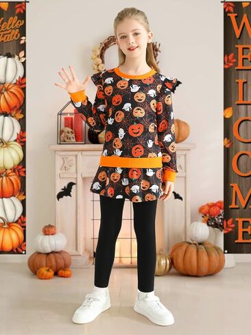 Girl Halloween 2 Pieces Outfit Pumpkin Printed Sweatshirt Ghost Graphic Pullover Top Long Sleeve Winter Clothes in Saudi Arabia