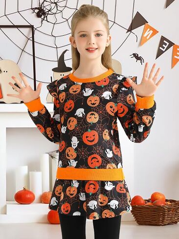 Girl Halloween 2 Pieces Outfit Pumpkin Printed Sweatshirt Ghost Graphic Pullover Top Long Sleeve Winter Clothes in Saudi Arabia