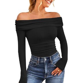 HOTOUCH Women Off Shoulder Tops Long Sleeves Casual Dressy Blouses Y2K Clothes Trendy Slim Fit Sexy Going Out Tops Shirt in Saudi Arabia