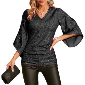 Womens Sparkly Shirts 3/4 Sleeve Sequin Tops for Party Night Glitter V-Neck Dressy Blouse